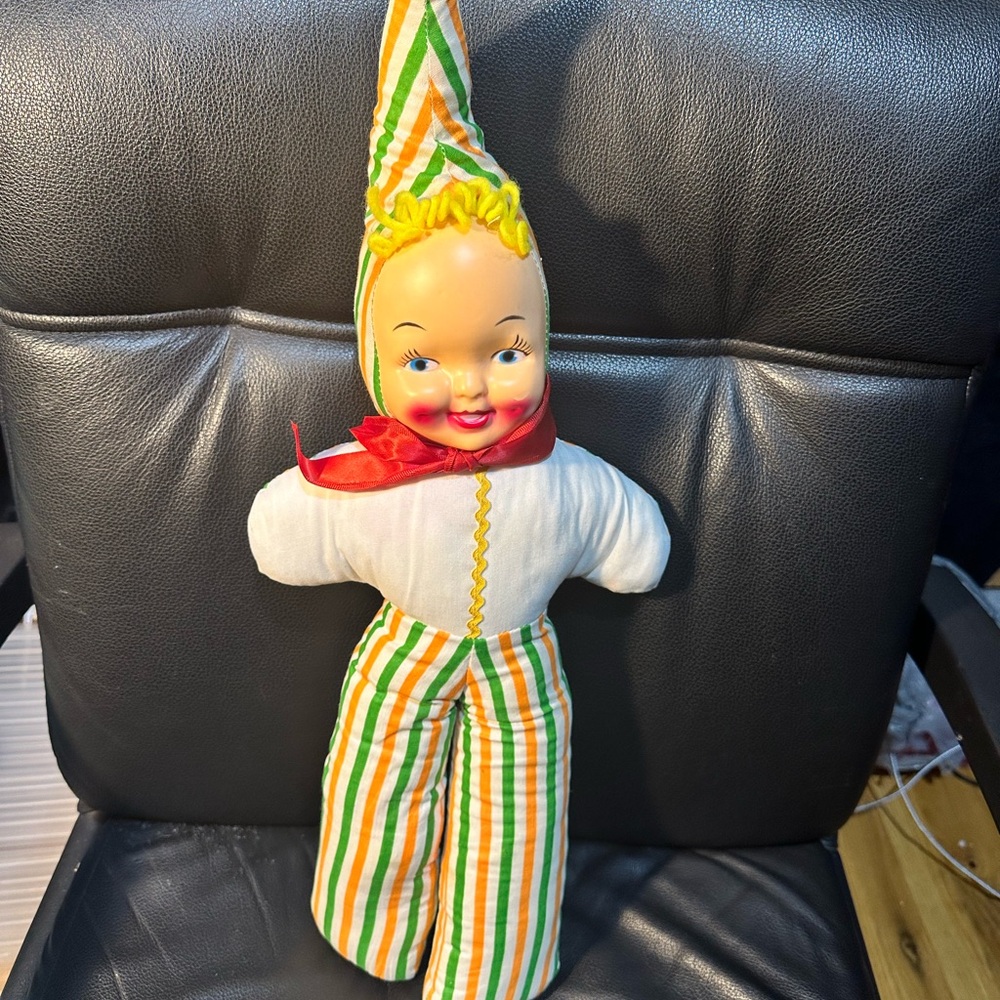 Carnival Prize Doll Plastic Face Clown Orange & Green Fabric.Samwel Samet &Wells